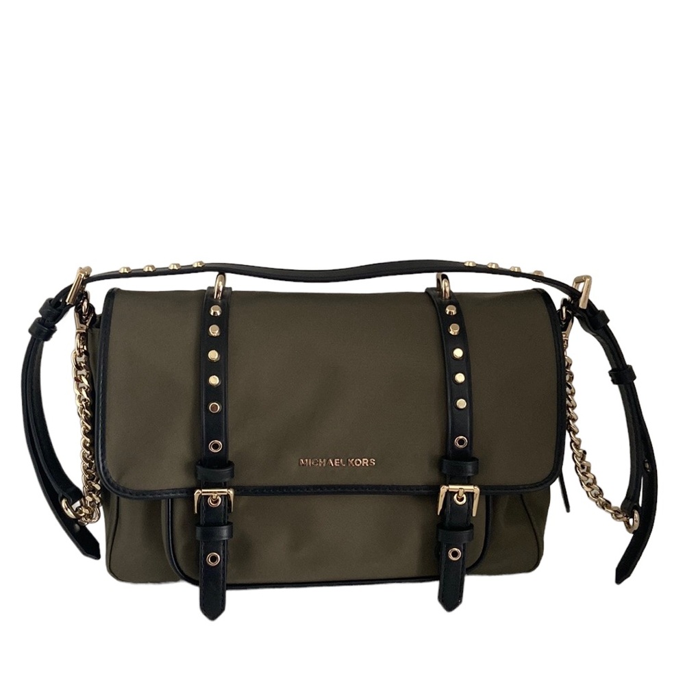 Michael Kors $258 Leila Nylon Leather Trim Flap Messenger Crossbody Olive Bag